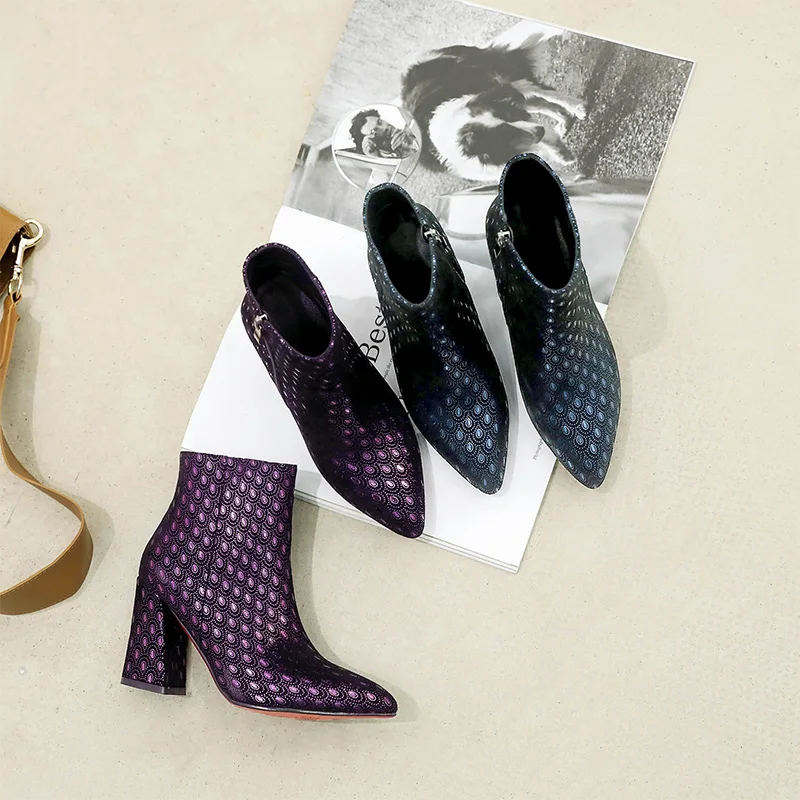 Женские ботильоны из натуральной кожи синие теплые шерстяные ботинки на