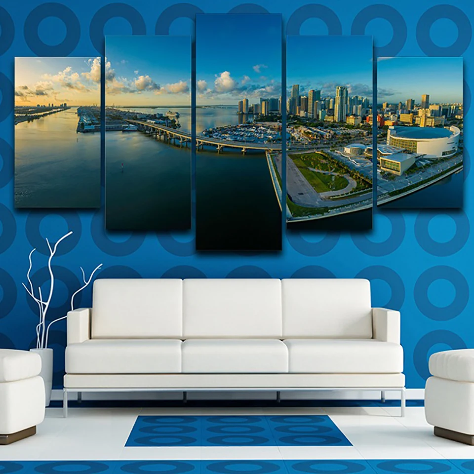 

HD рамка домашний декор холст живопись плакат 5 панелей морской город восход пейзаж современное настенное искусство для гостиной печатные ф...
