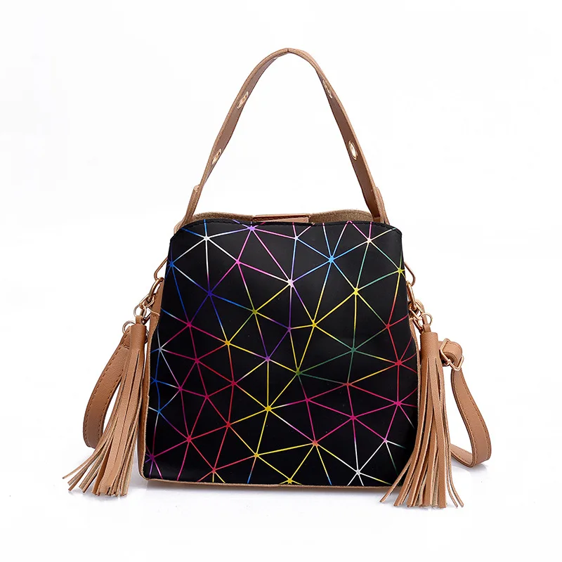 2018 модная сумка-ведро из искусственной кожи с кисточками и ромбовидным плетением