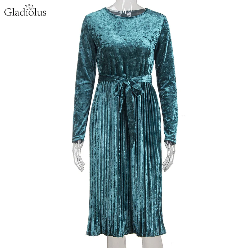 Gladiolus 2018 Осень Зима Женское бархатное платье с длинным рукавом круглым вырезом