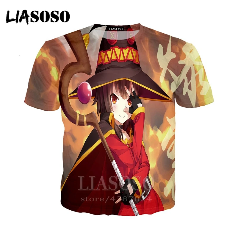 LIASOSO/Новинка Аниме Konosuba Kawaii Футболки с 3D принтом Футболка унисекс Megumin Косплей
