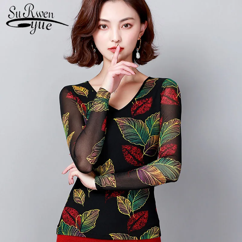 

Large size and mesh women fashion blouse 2019 spring new elegant women bottoming shirt Lace long sleeve V-neck Lady tops 2832 50