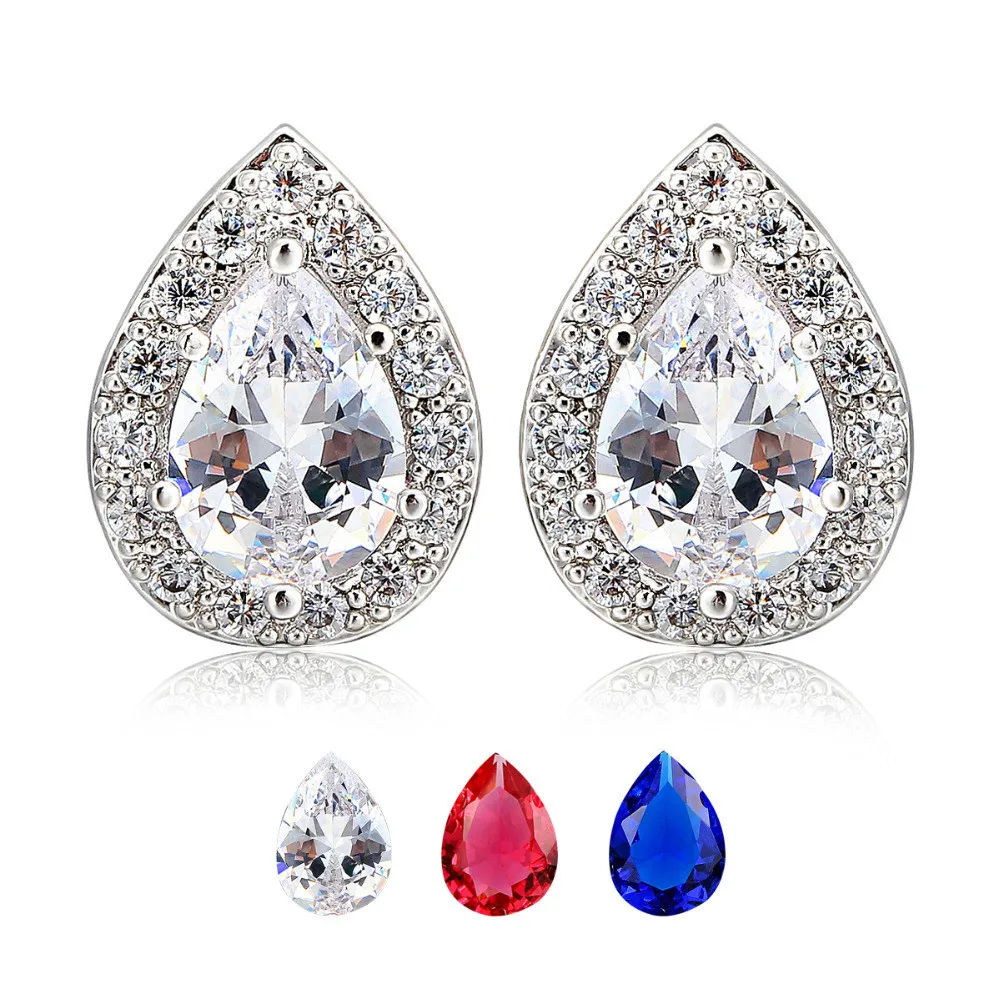 Серьги гвоздики с фианитами женские украшения из белого золота в форме груши