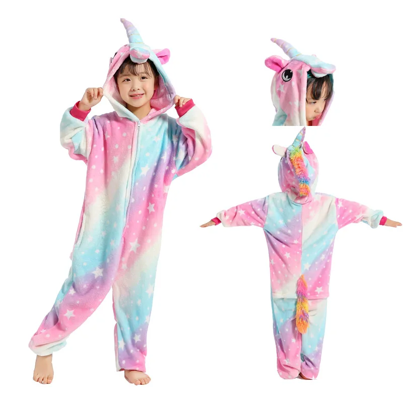 

Детский кигуруми, Рождественский костюм животного, фланелевый мягкий пижамный комплект для мальчиков и девочек, кугуруми, панда, единорог, зимняя Пижама