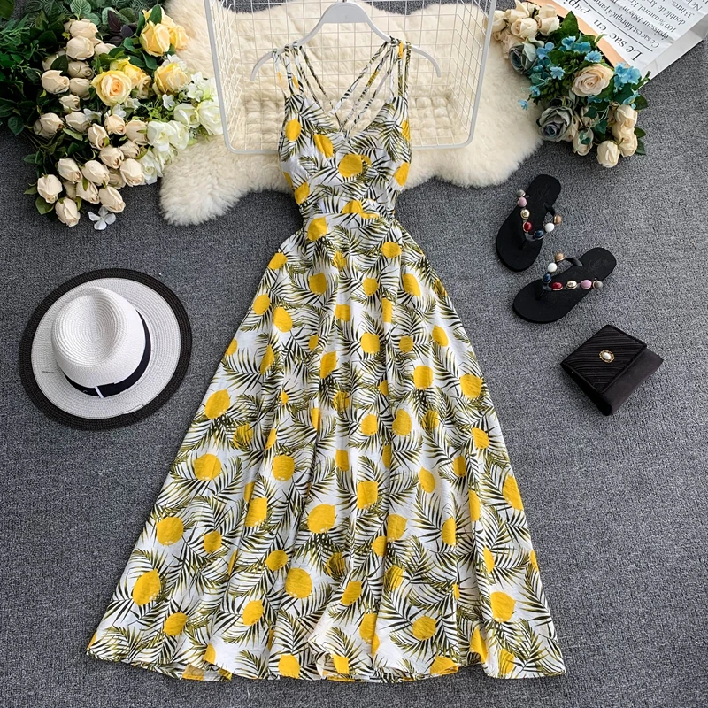 Новинка 2019 модные женские платья лимон персик лист принт праздник сексуальный
