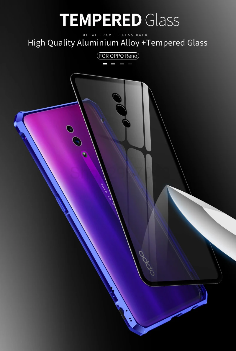 Роскошный Алюминиевый металлический защитный чехол для OPPO Reno ударопрочный прозрачный стеклянный задний Чехол OPPO Reno чехол алюминиевый бампер etui