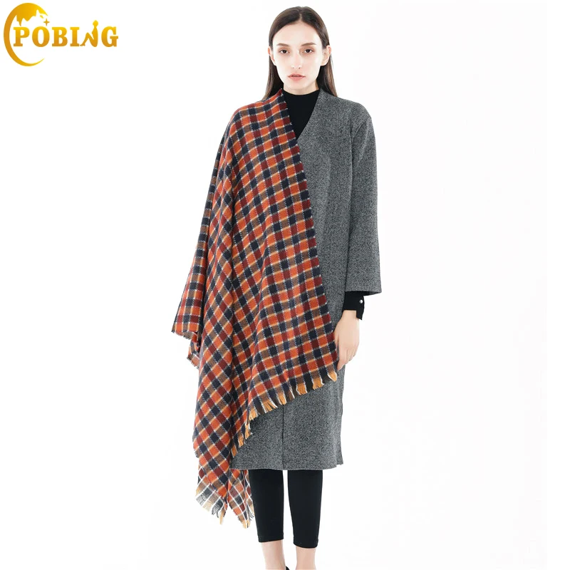 POBING брендовый зимний шарф Женские клетчатые мягкие кашемировые шарфы в