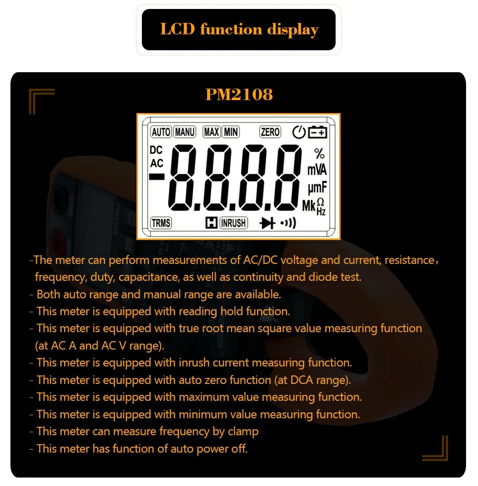 PEAKMETER PM2108A/PM2108 цифровой клещи ac dc мини мультиметр true rms с функцией автоматического отключения питания