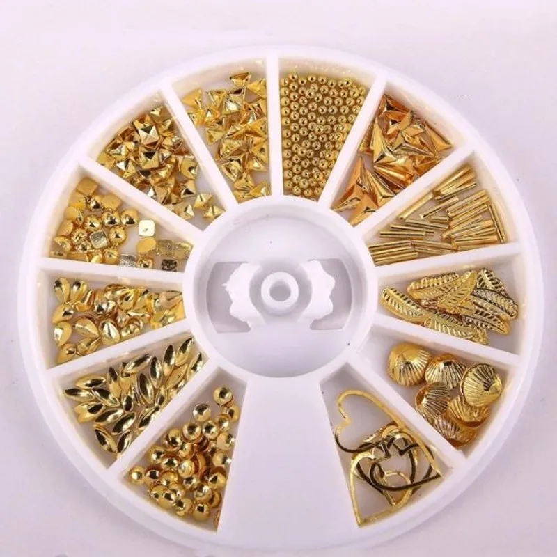 1 колесо золото для ногтевого дизайна 3D украшения накладной ноготь с металлическим чипом заклепки перо/оболочка треугольные Квадратные запонки DIY украшения для ногтей искусство тела ZP-77