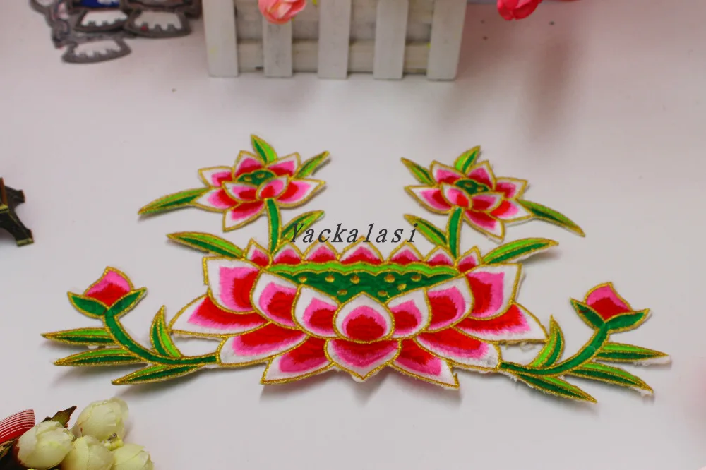 

Pink Lotus flower appliqued Buddhism Floral embroidery patches iron on 29.3*17cm
