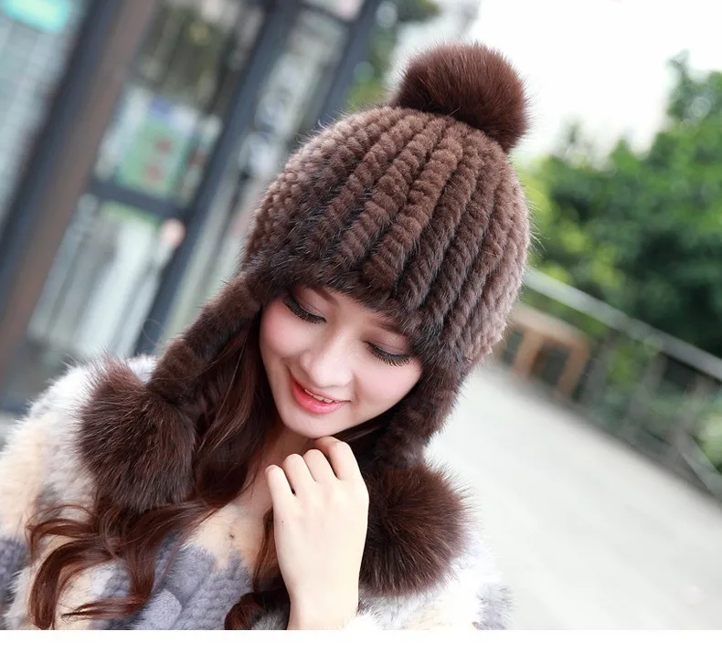 Женская шапка из натурального меха норки зимняя вязаная ручной работы|Женские