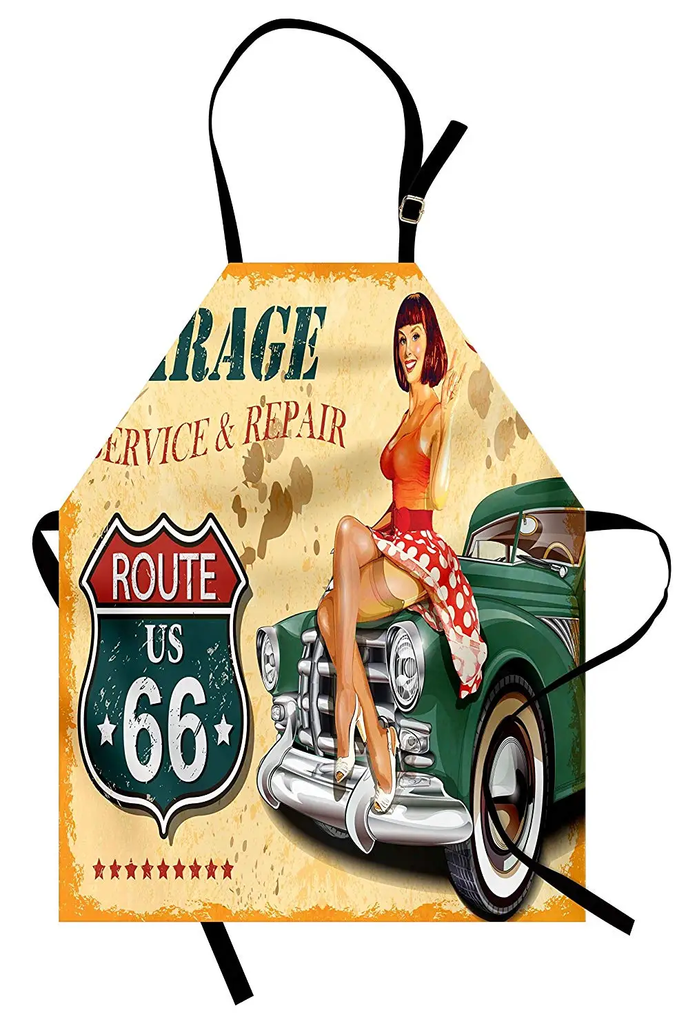 Фартук Route 66 в винтажном стиле Постер для гаража с женскими на ретро-машине ремонт