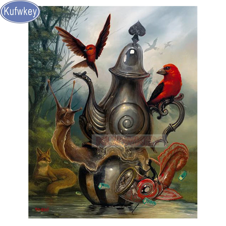 Kufwkey 5d алмазная живопись улиток чайник птицы камни в форме ромба/круглые стразы