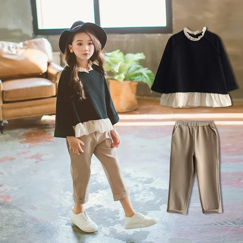 Teenage Children's Clothing Set Autumn Girls Fashion Pants Suit 2 Pcs Ruffles Tops Sweatshirts And Long Trousers Clothes Sets | Детская