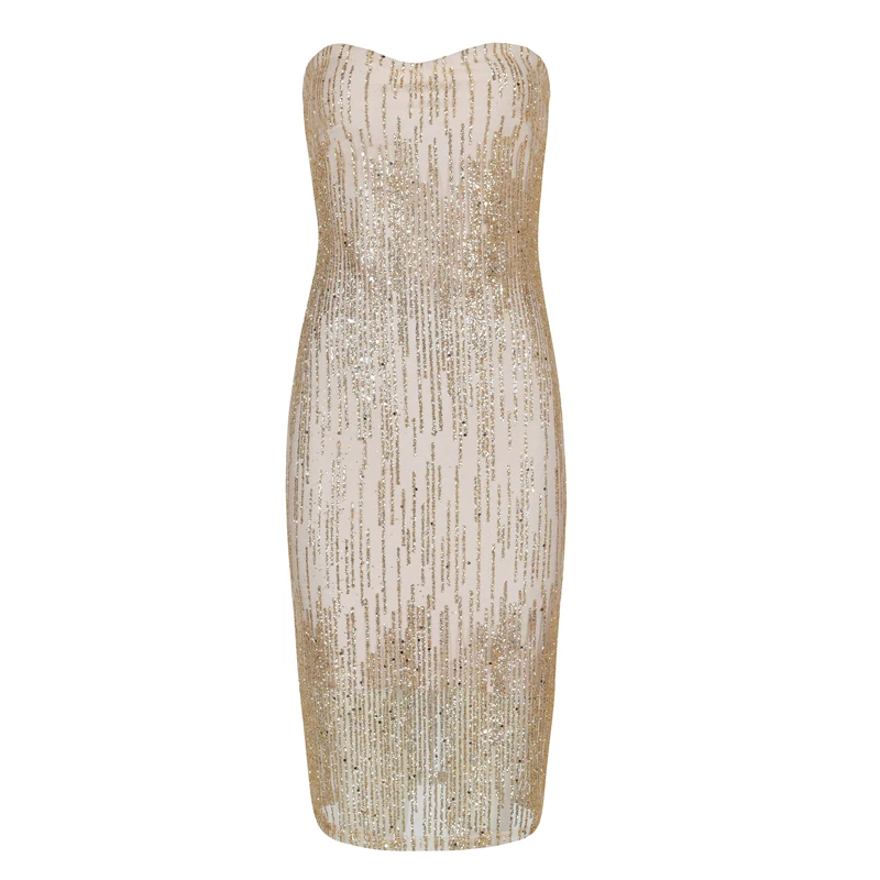 Оптовая продажа 2018 новое платье бежевый Блестки без бретелек Упругие