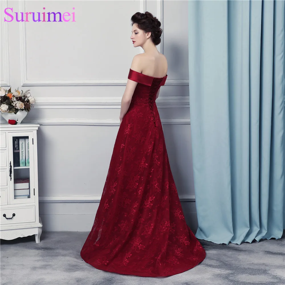 Красное вино кружевное вечернее платье с открытыми плечами высокое качество