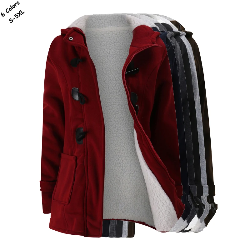 

Womens trench coats 2019 Winter lady hooded fleece thick outerwear casual horn button zipper coats fashion slim womens tops