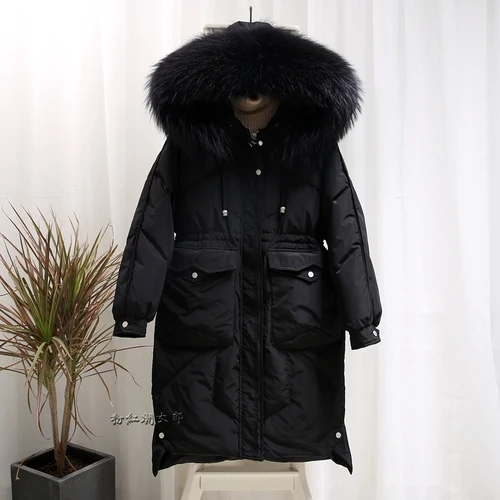 Black-black fur AYUNSUE пуховик для женщин с капюшоном длинное зимнее пальто для женщин большой воротник из меха енота корейское теплое пальто женские куртки KJ2551 - Цвет: Black-black fur