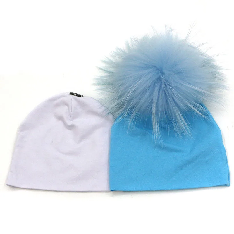 light blue 2 GZHilovingL из 2 предметов 0-5 месяцев из хлопка для мальчиков и девочек шапка с натуральным меховым помпоном шапка, сезон осень-зима детские твердая шляпа шапка с меховым помпоном для девочек - Цвет: light blue 2