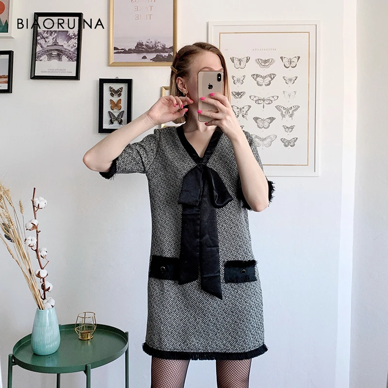 Женское твидовое мини платье BIAORUINA винтажное прямое в европейском стиле с v