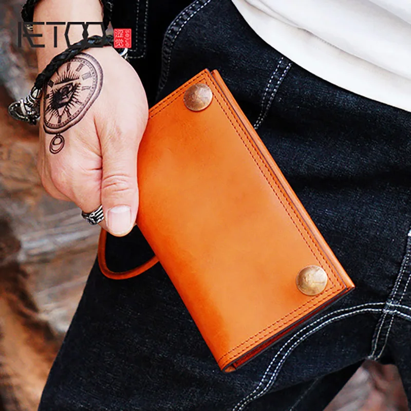 

AETOO Vintage handmade wallet male long leather personality Korean version trend men's anti-theft function hand bag