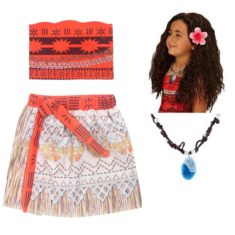 Kids Girl Princess Party Dress Moana Adventure Elsa Clothing Girls Set with wig and Necklace baby Vaiana Cosplay Clothes | Детская