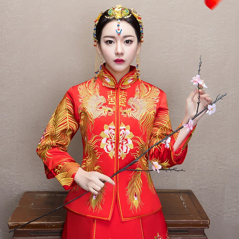Невесты Для женщин феникс вышивка платье Чонсам красный Qipao длинные традиционные