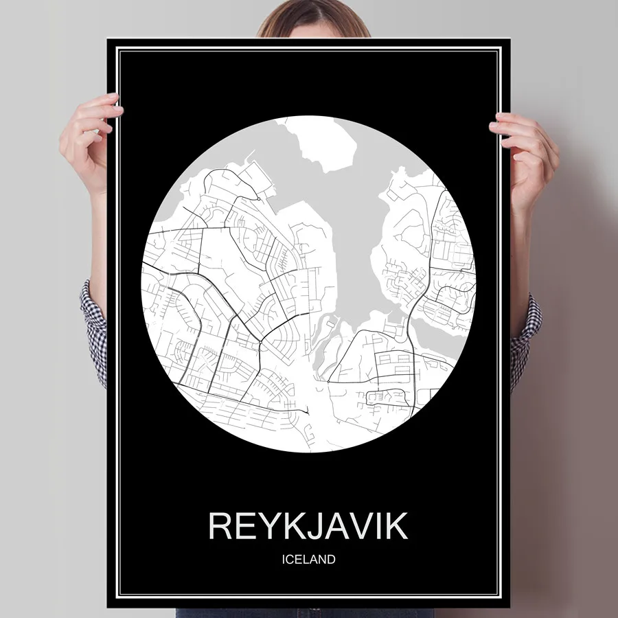 Черно белая карта города Рейкьявик исландский печатный плакат печать на бумаге