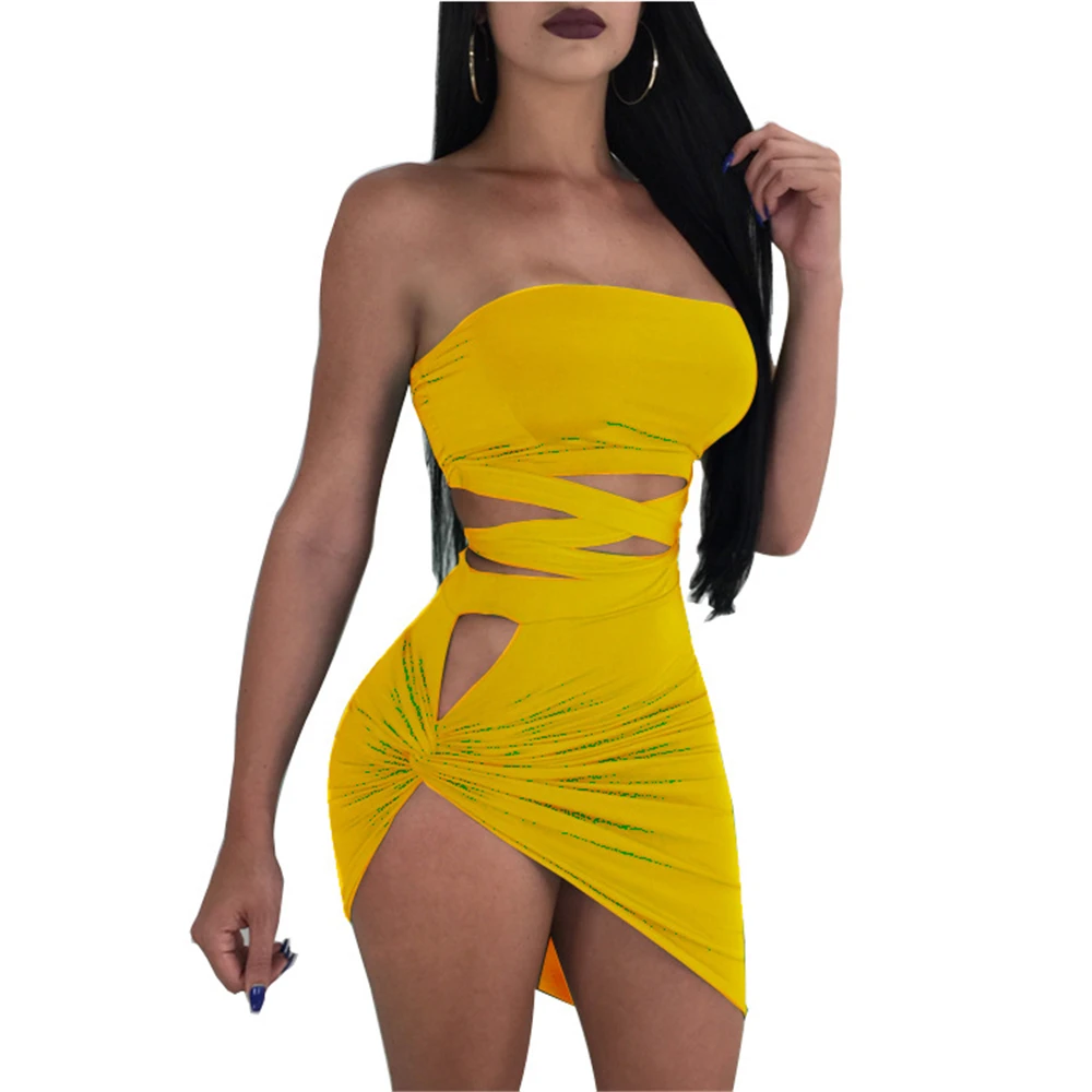 Фото Women Sexy Club Strapless Hollow out Summer Dress 2018 Ladies Irregular Bodycon Bandage Party Mini Dresses Женская одежда Women Sexy Club Strapless Hollow out Summer Dress 2018 Ladies Irregular Bodycon Bandage Party Mini Dresses Женская одежда