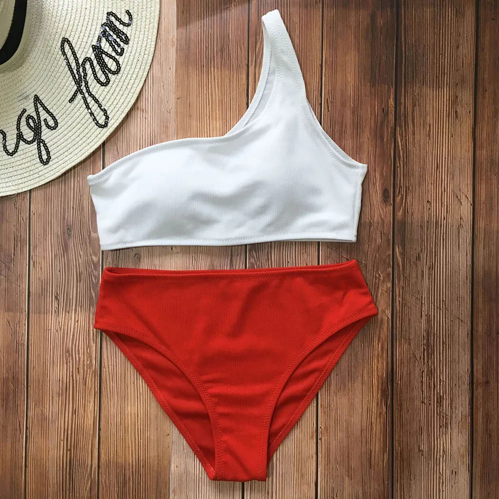 2019 Sexy High Waist Single Pit Cloth Solid Prtchwork Open Back Swimsuit Bikini Set Swimwear Women Bathing Suit Maillot | Женская одежда