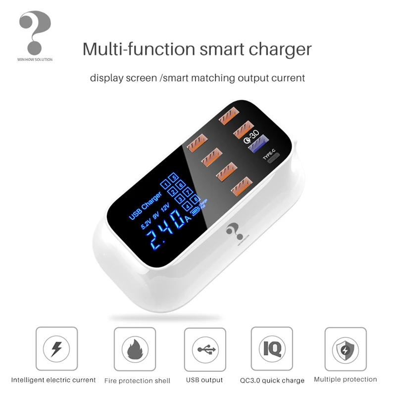 ? Wenhao 7 Usb портов зарядное устройство концентратор + Type C ЖК дисплей экран 40 Вт умная