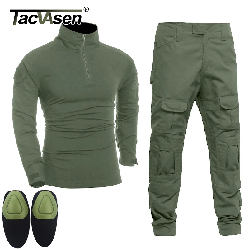 TACVASEN, Мужская тактическая форма, военная одежда, армейский зеленый боевой костюм, наборы, Специальные футболки для страйкбола, Пейнтбольные штаны с накладками
