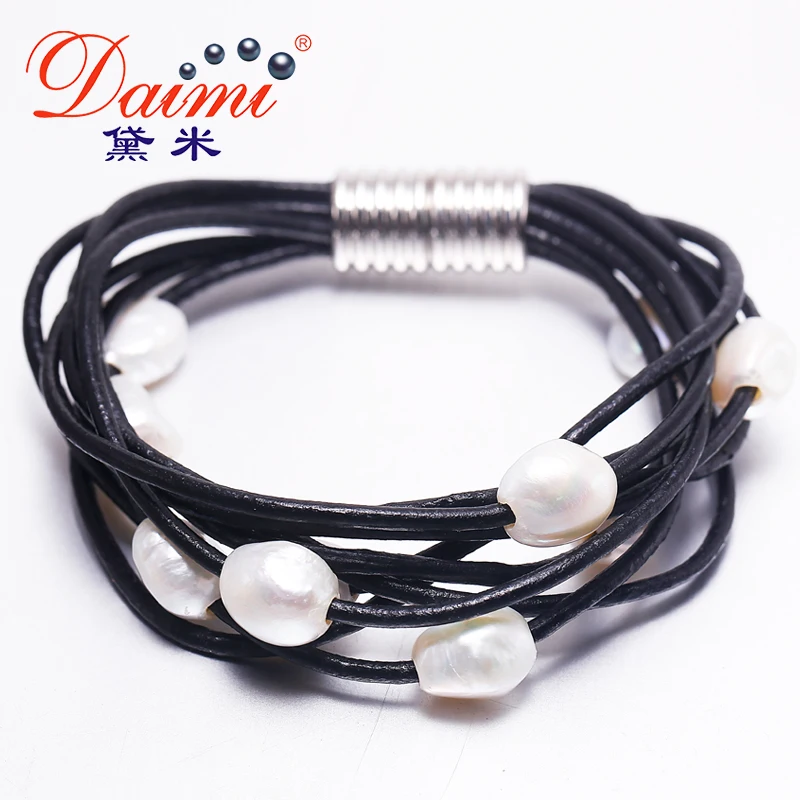 DAIMI 9 10 мм белый натуральный барокко жемчужный браслет слоев кожаный оптом цена