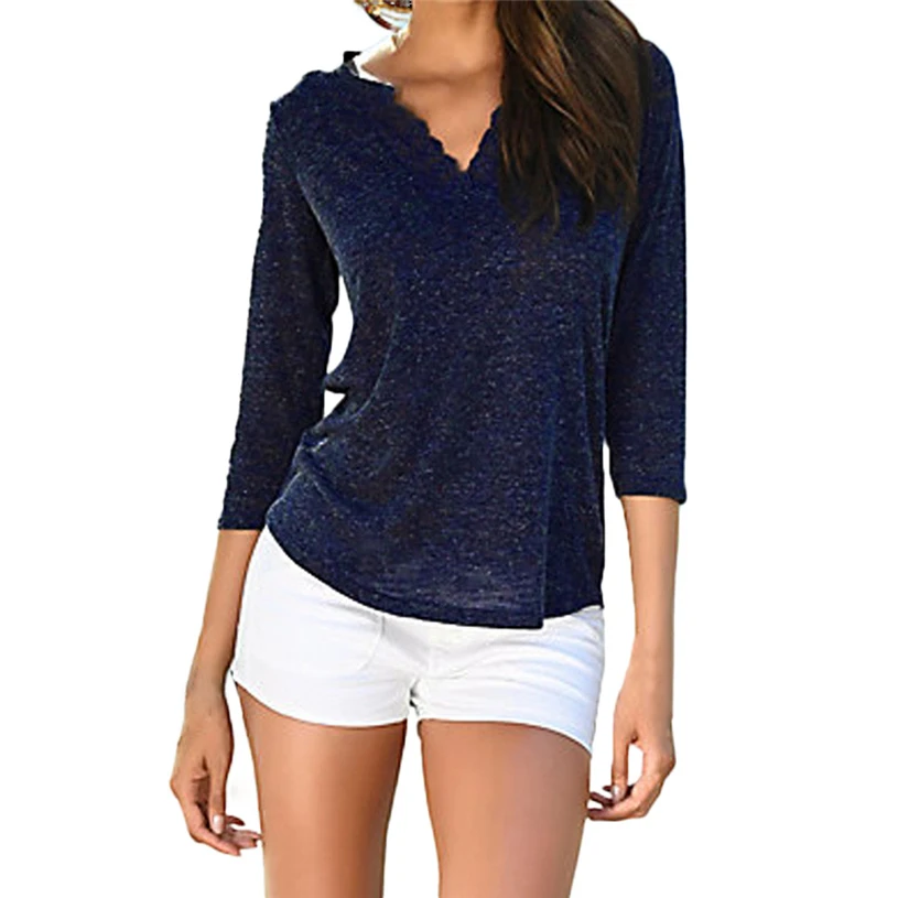 Женские кружевные лоскутные топы с v образным вырезом и длинным рукавом осенние