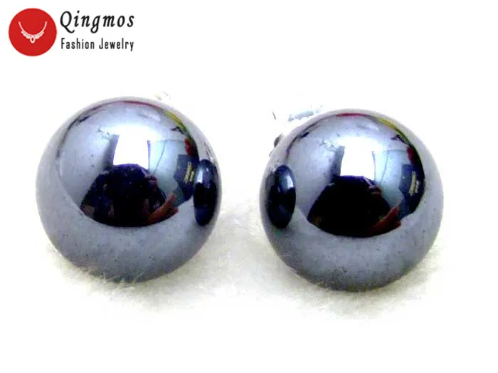 

Qingmos 10MM Round Black Natural HEMATITE Stud Earrings for Women with Stering Silver 925 Stud Trendy Earring-e161 Free ship