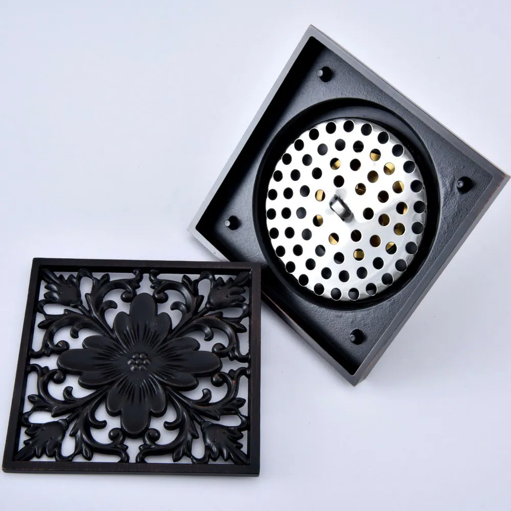 Черный Масло втирают Бронзовый резной цветочный узор Ванная комната Душ слив 4