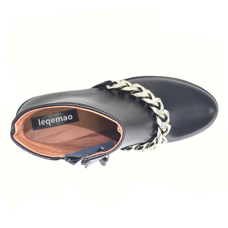 

Newest Fashion Woman Round Toe Silver Gold Metal Chain Black Genuine Leather Women Shoes Short Ankle Martin Boots Size 35-42