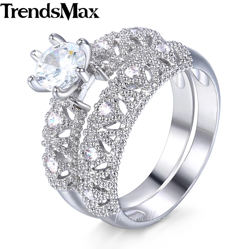 Trendsmax набор свадебных филигранных колец для женщин с тонкой резьбой из белого