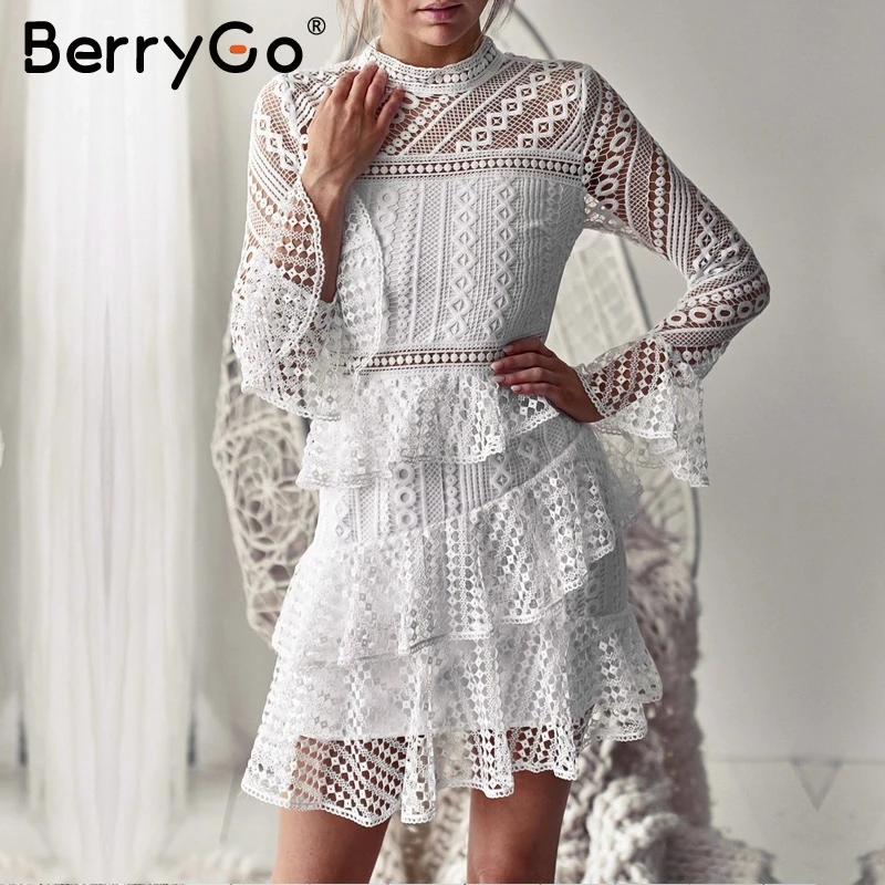 BerryGo с расклешенными рукавами многослойное кружевное платье оборками женское