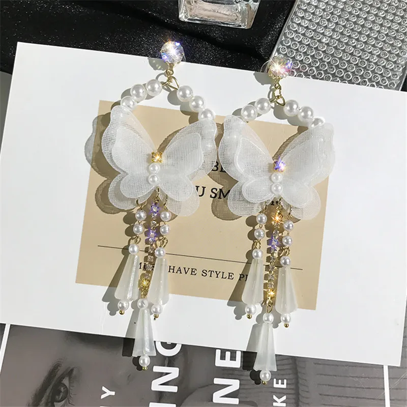 FYUAN длинные кисточки кристаллы Висячие серьги для женщин Bijoux корейский стиль белая бабочка жемчуг висячие серьги Ювелирные изделия Подарки