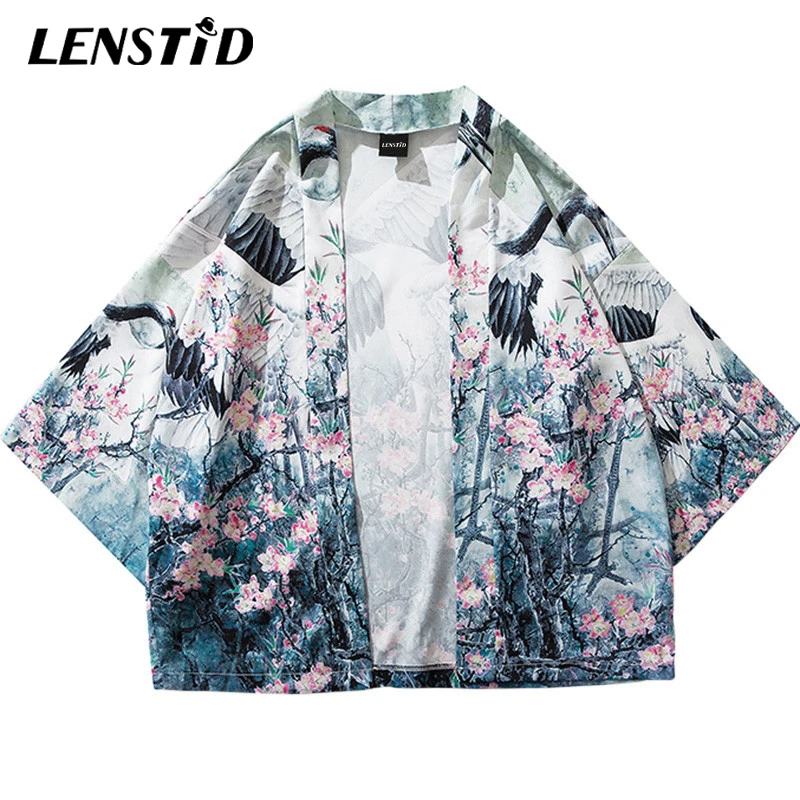 LENSTID 2019 Harajuku кимоно куртка хип-хоп Мужская Уличная одежда тонкая журавль
