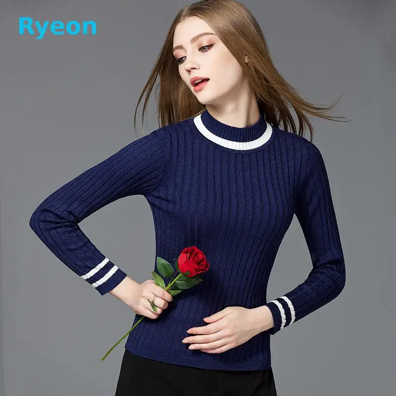 Прямо Полоса Случайный Осень Зима Женщины Свитер 2016 Ryeon Вязание Половина