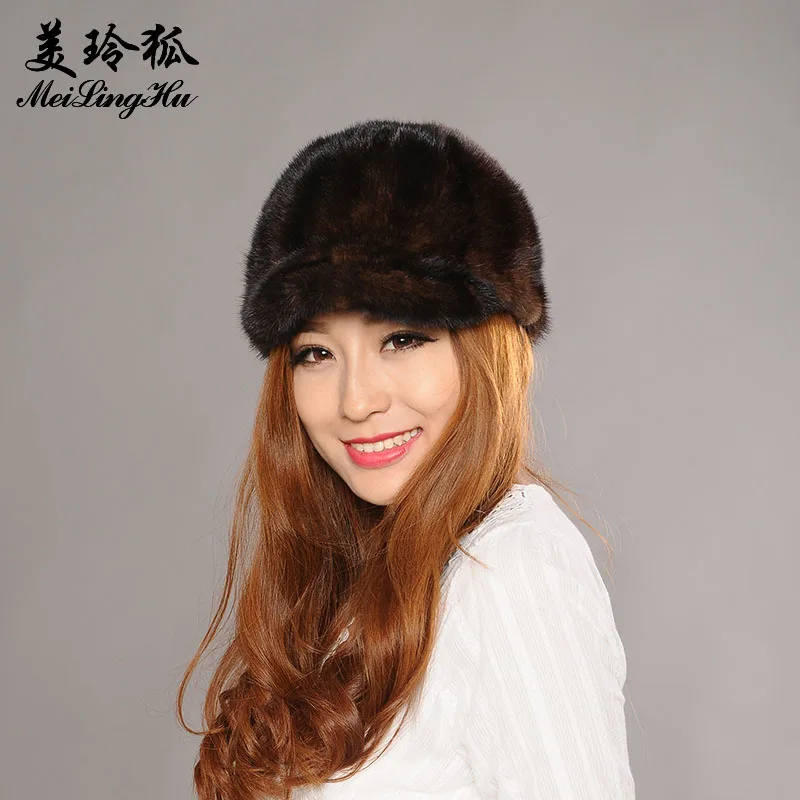 

MeiLingHu Women Hat Real Mink Fur Winter Cap Warm Genuine Natural Fur Warm Fashion Solid Color Hat Lady's Russia Pop Fur Hats
