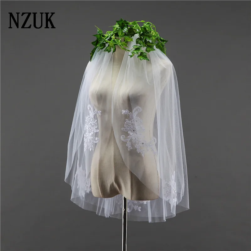 NZUK новые двухслойные Стразы, кружевная кромка, короткая свадебная фата с гребнем, 2 слоя, 0,9 метра, тюль, свадебная фата, платье