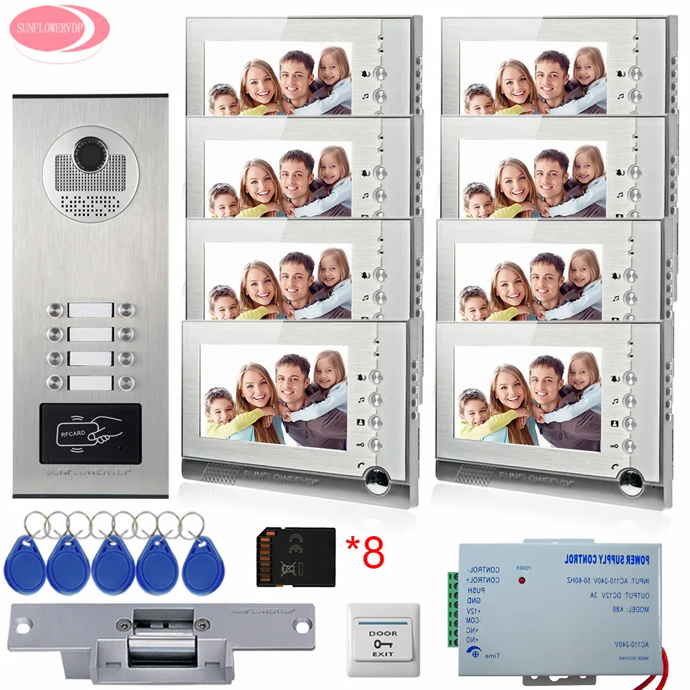 

8 квартира 7 ''цветная Система домофона видеодомофона 8 кнопок + 8 Гб sd-карт Электрический замок Strike комплект домашней безопасности