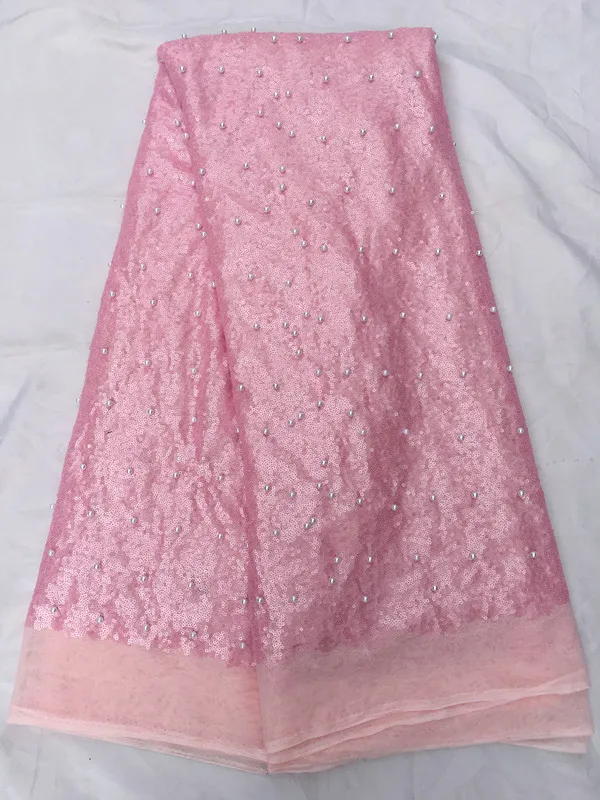 

5 Yards/pc Hot sale pink french net lace fabric with sequins and beads decoration african mesh lace for dress QN59-1