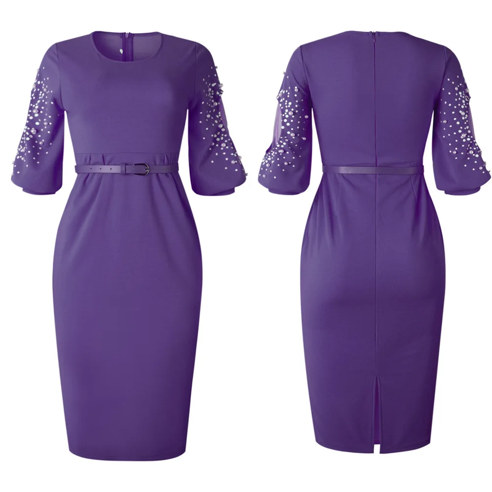 M 2XL плюс размер платье для работы жемчужная вышивка рукав 3/4 сексуальное тонкая