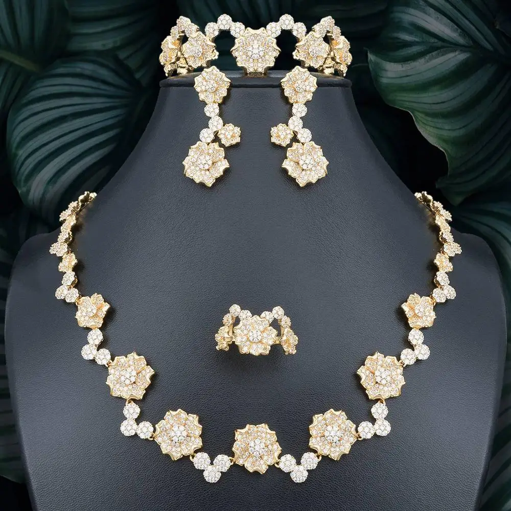 ModemAngel изящный Цветок фианит золотой цвет ожерелье браслет серьги кольцо для