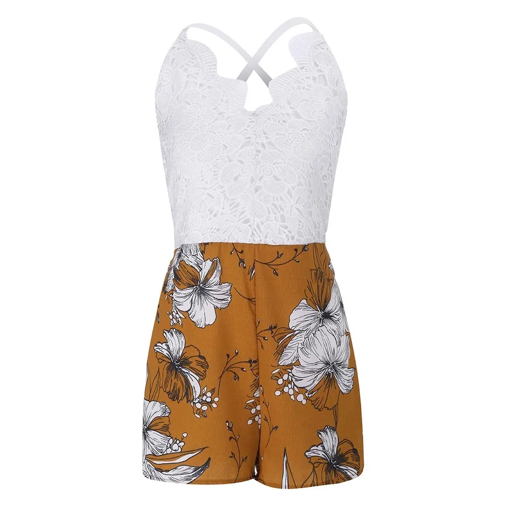 Летний модный Женский Повседневный кружевной Короткий комбинезон без рукавов с