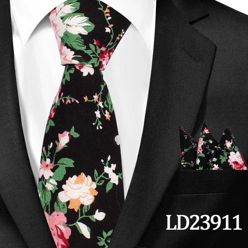 LD23911 Новые повседневные Цветочные хлопковые галстуки и карманные Квадратные наборы цветочный принт тонкий галстук для мужчин s шеи галстук-платок 6 см тонкие галстуки - Цвет: LD23911